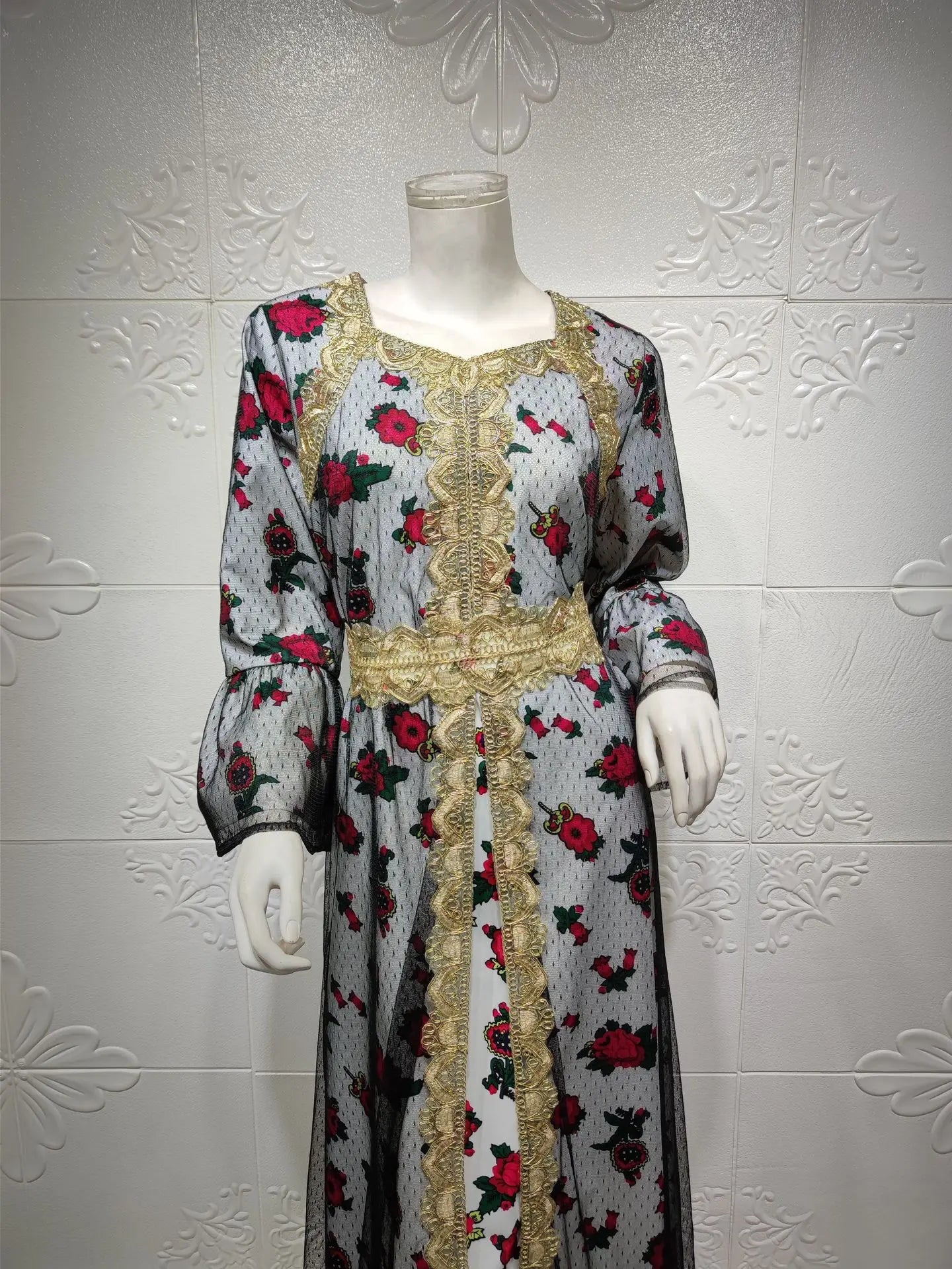 Luxury Middle East Abayas for Women Dubai Dress Lace Applique Mesh Printing Long Sleeves Elegant Evening Party Muslim Clothes