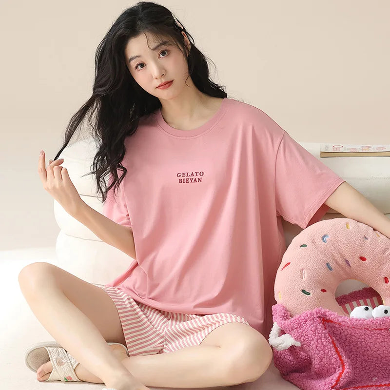 Dropshipping Female Pijamas Cartoon Summer Short Women Pajamas Sleeve Shorts Nightwear Sweet Sleepwear Pyjamas Woman Home Suit