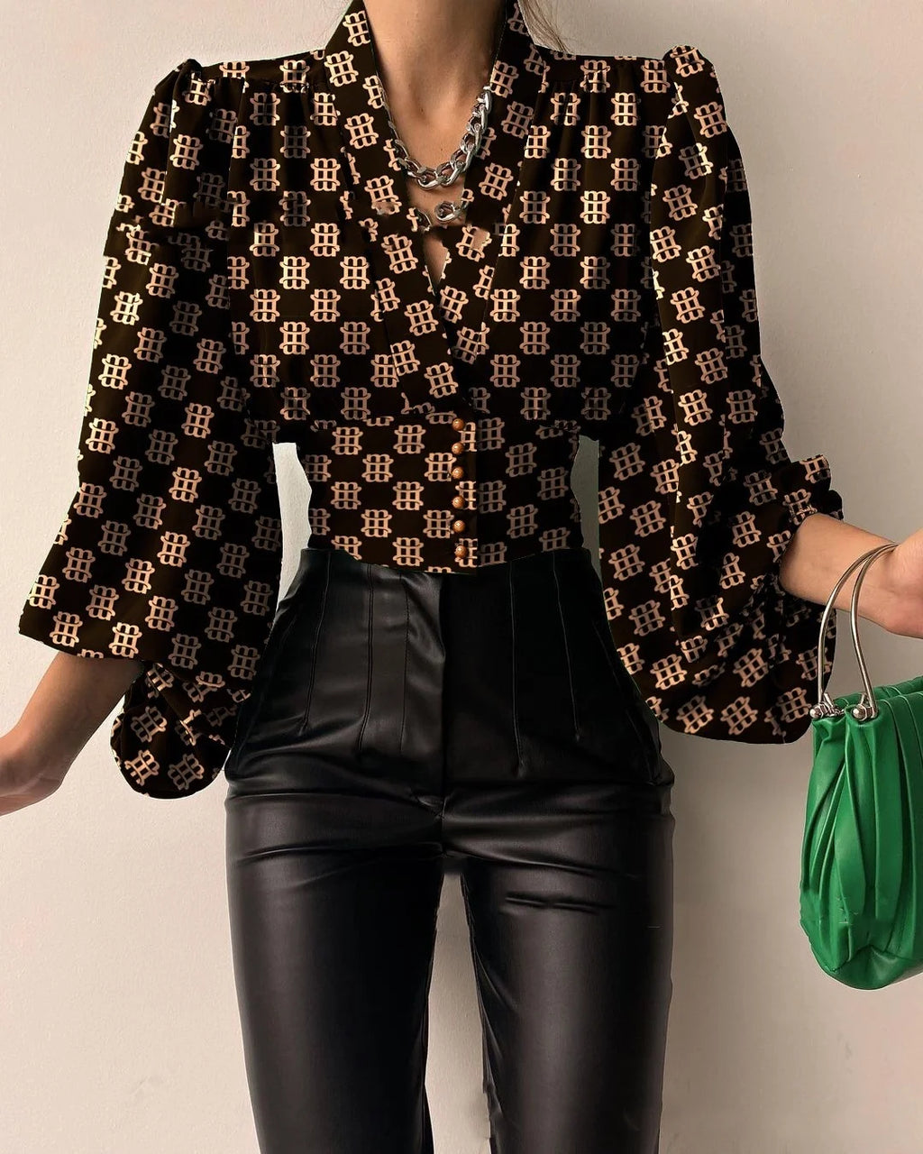 2022 New Spring Elegant Lantern Long Sleeve Shirts V-neck Button Solid Color Print Slim Shirt Casual Fashion Lady Office Blouses