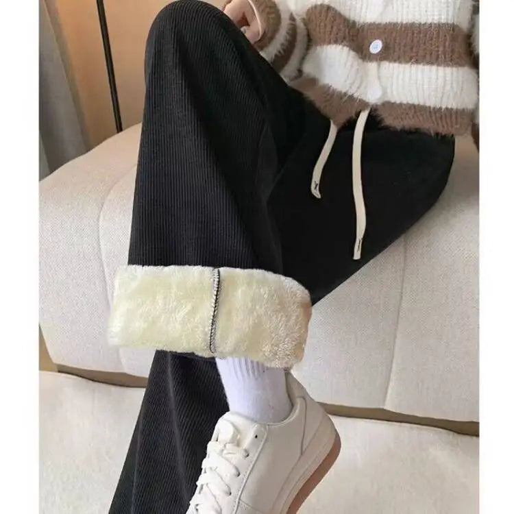 Lamb Velvet Thiened Fce Women's Autumn Winter Casual Pants High Waist Straight Leg Corduroy Trousers Trendy Outerwear