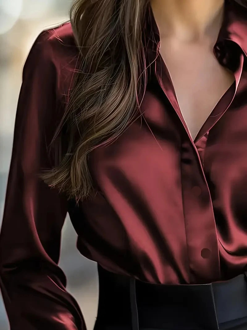 Elegant  Satin Long Sleeve Blouse for Women   Button-Up Collar Shirt Perfect for Casual or Professional Wear