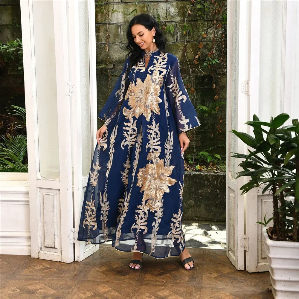 Muslim Abaya Dress Dubai Ramadan Sequins Floral Embroidered Moroccan Caftan Women Evening Gown Eid Djellaba Jalabiya Vestidos
