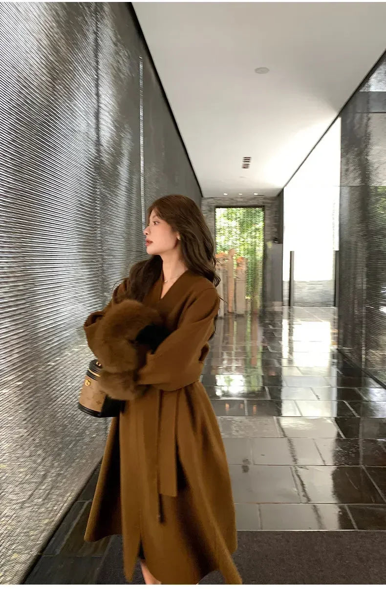 Elegant Warm Woolen Coats Real Fur Jacket with Belt Loose Fashion Outerwears 2024 Women Big Fur Collar Overcoats Female
