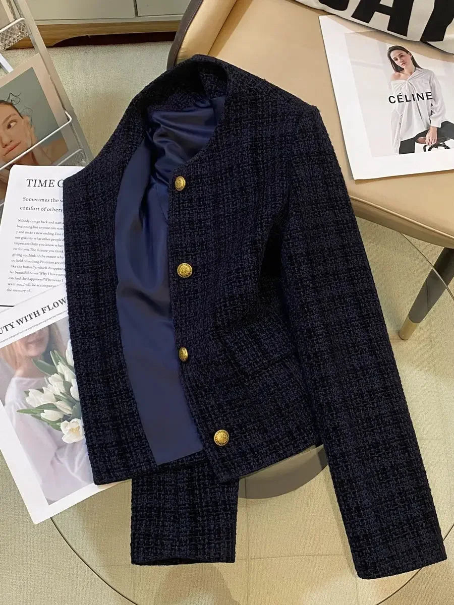Short Quilted Shoulder Padded Coat for Women Autumn New Style French Lady Elegant Design Retro Top Pure Color round Neck Coat