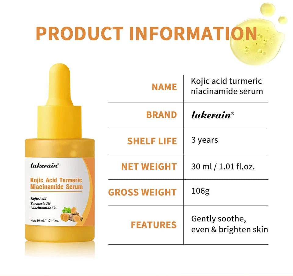 Kojic Acid Turmeric Niacinamide Serum Precise Dropper Design Deep Moisturizing Soothe Skin Brighten Skin Tone Facial Care