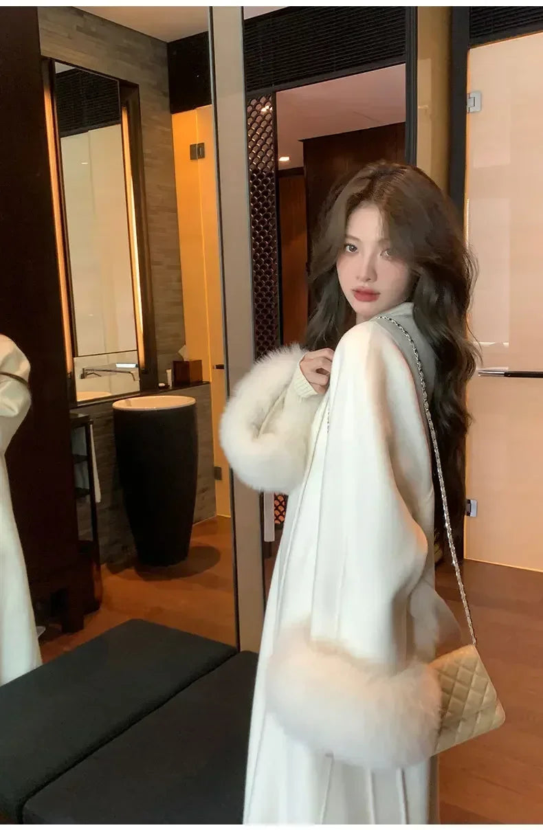 Elegant Warm Woolen Coats Real Fur Jacket with Belt Loose Fashion Outerwears 2024 Women Big Fur Collar Overcoats Female