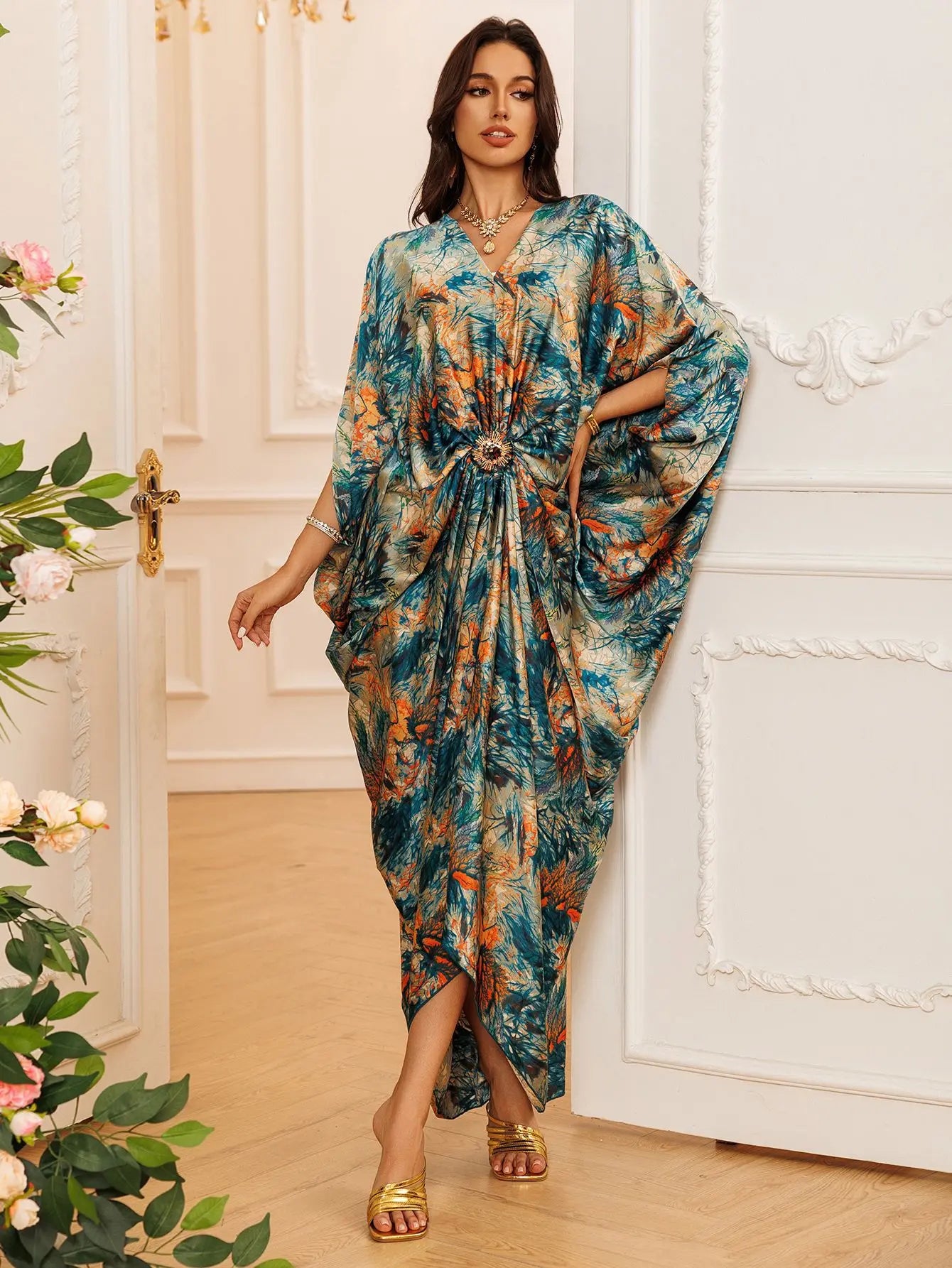 Eid Women Dress Muslim Abaya Print V Neck Party Jalabiya Ramadan Long Dresses Abayas Vestidos Largos Kaftan Arab Long Robe 2025