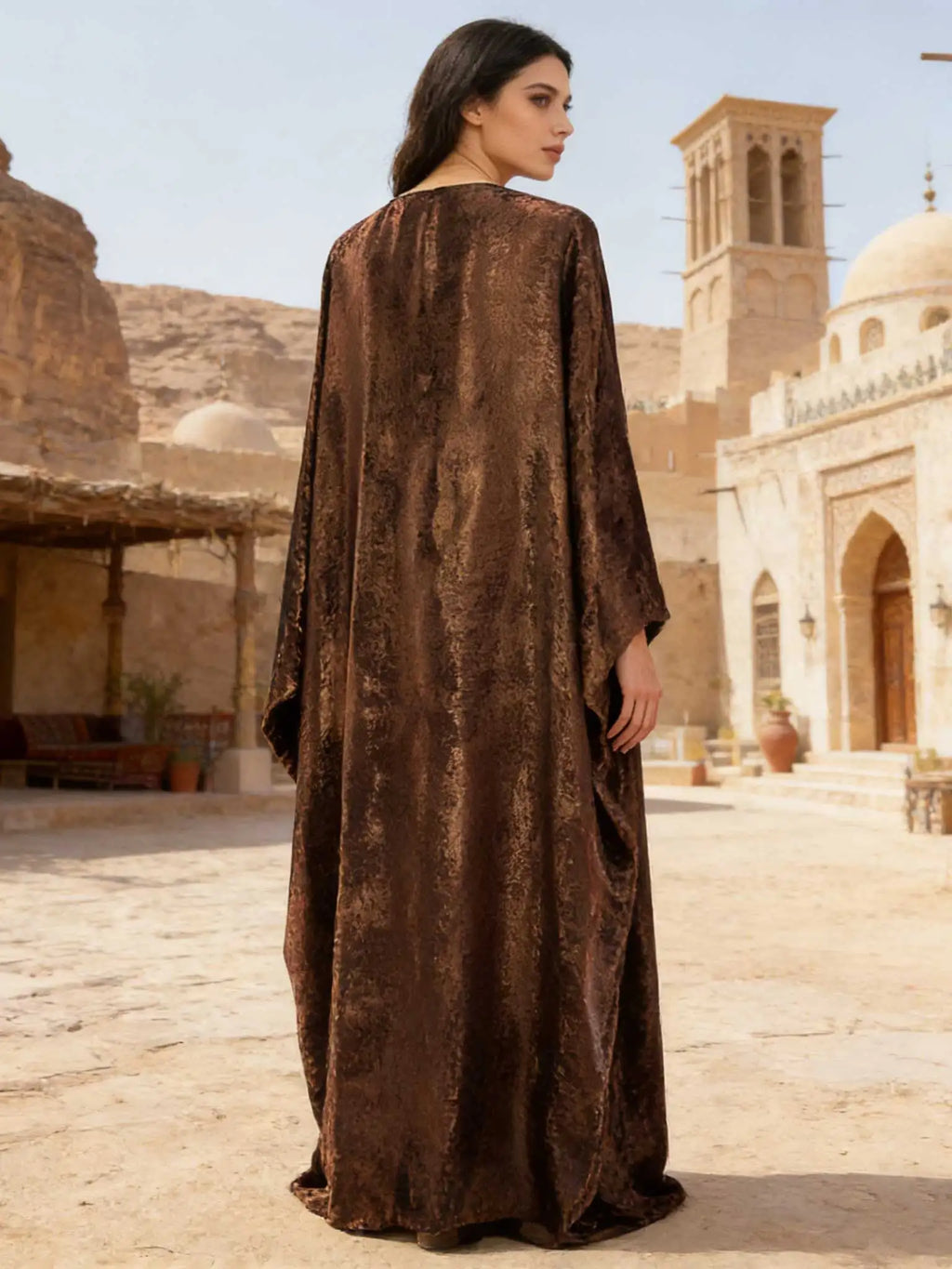 Elegant Golden Shiny Fabric V-Neck Twist Detail Batwing Sleeve Abaya Maxi Dress Women Muslim Moroccan Kaftan Ramadan Jalabiya